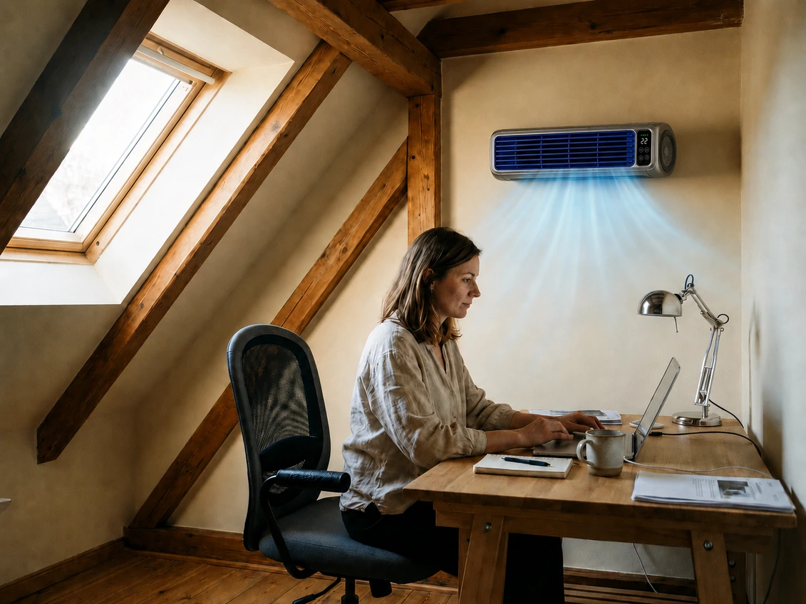 Froza AC in Lenas Spitzboden-Home-Office — arbeiten bei 24 °C, draußen 33 °C