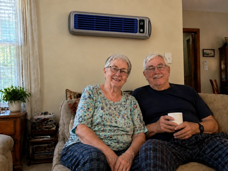 Senior-Ehepaar im Wohnzimmer mit Froza AC an der Wand